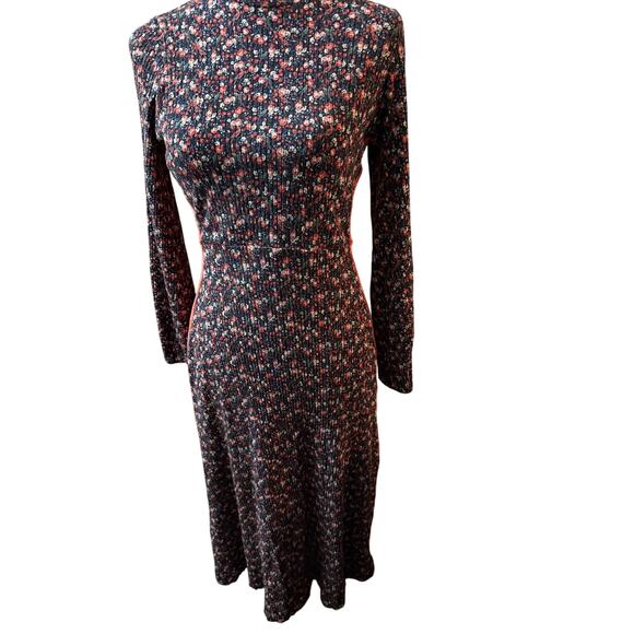 Farm Rio Floral Ribbed Knit Long Sleeve Dress Size Large. Navy with high neck - Picture 2 of 6